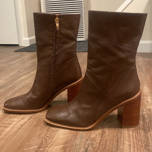 Franco Sarto Shoes - Classic Brown Leather Block Heel Mid-Calf Boots
